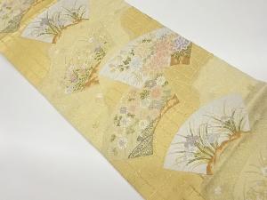 服部織物製　地紙に草花・流水模様織出し袋帯